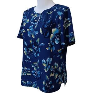 VINTAGE Norton McNaughton Beautiful Satin Blouse Top Shirt LG Bright Blue Floral